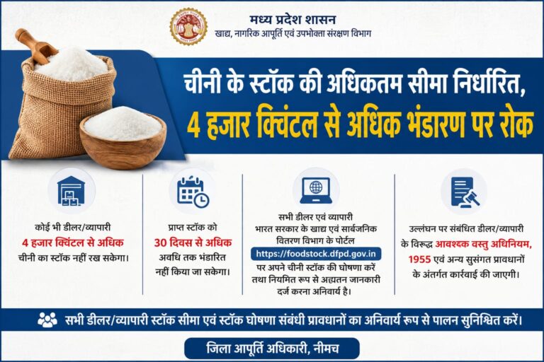 🟥 चीनी के स्टॉक की अधिकतम सीमा निर्धारित 🟨 4 हजार क्विंटल से अधिक भंडारण पर रोक, 30 दिन से ज्यादा स्टॉक रखना भी प्रतिबंधित