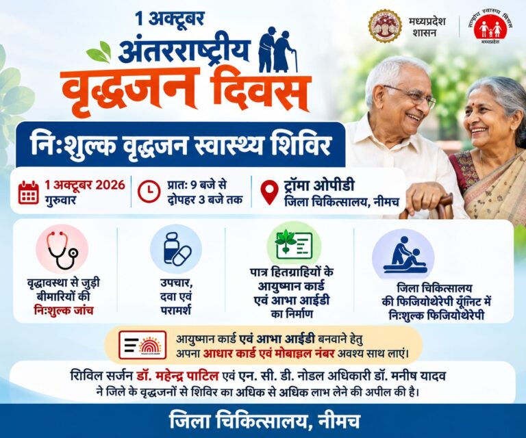 🔴 अंतरराष्ट्रीय वृद्धजन दिवस पर 1 अक्टूबर को जिला चिकित्सालय में निःशुल्क वृद्धजन स्वास्थ्य शिविर 🟢 नीमच, 28 सितंबर 2026। अंतरराष्ट्रीय वृद्धजन दिवस के अवसर पर 1 अक्टूबर, गुरुवार को जिला चिकित्सालय नीमच के ट्रॉमा ओपीडी में प्रातः 9 बजे से दोपहर 3 बजे तक निःशुल्क वृद्धजन स्वास्थ्य शिविर आयोजित किया जाएगा। 🔵 शिविर में मिलेंगी ये निःशुल्क सुविधाएं 🟢 वृद्धजनों से संबंधित बीमारियों की निःशुल्क जांच एवं उपचार 🟢 निःशुल्क दवा एवं चिकित्सकीय परामर्श 🟢 पात्र हितग्राहियों के आयुष्मान कार्ड एवं आभा आईडी बनाए जाएंगे 🟢 जिला चिकित्सालय की फिजियोथेरेपी यूनिट में निःशुल्क फिजियोथेरेपी की सुविधा उपलब्ध रहेगी। 🟡 जरूरी दस्तावेज: शिविर में आने वाले हितग्राही अपना आधार कार्ड एवं मोबाइल नंबर साथ लेकर आएं। 🟣 चिकित्सकों की अपील सिविल सर्जन डॉ. महेन्द्र पाटिल एवं एनसीडी नोडल अधिकारी डॉ. मनीष यादव ने जिले के वृद्धजनों से शिविर में अधिक से अधिक संख्या में पहुंचकर निःशुल्क स्वास्थ्य सेवाओं का लाभ लेने की अपील की है। 🔴 📍 स्थान: जिला चिकित्सालय नीमच, ट्रॉमा ओपीडी 🟢 📅 दिनांक: 1 अक्टूबर, गुरुवार 🔵 ⏰ समय: प्रातः 9 बजे से दोपहर 3 बजे तक 🟠 स्वस्थ वृद्धजन, समृद्ध समाज न्यूज़ प्लस इंडिया 24 — हर खबर, आपके साथ